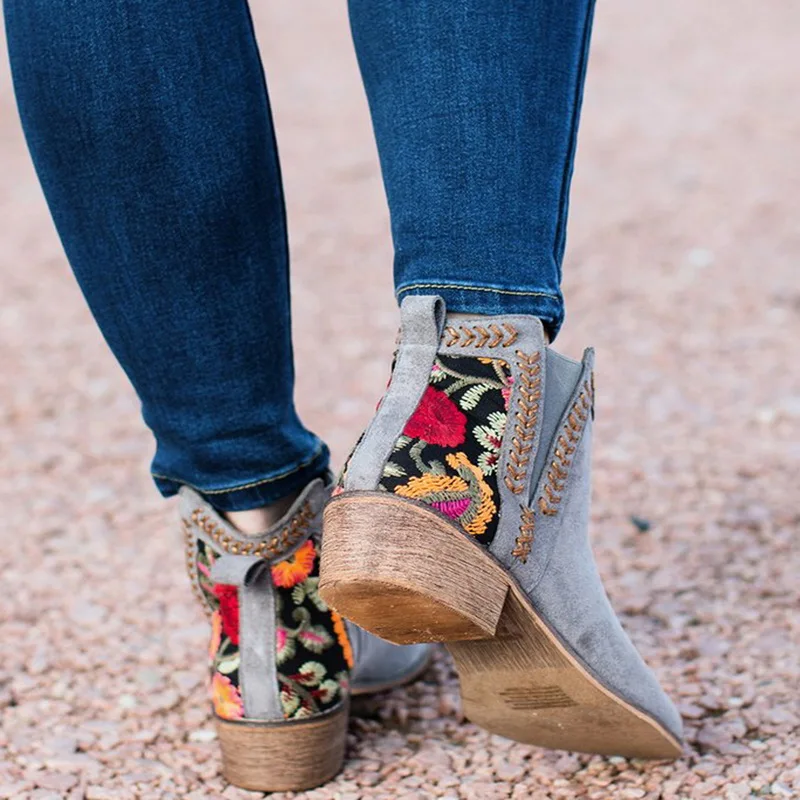 

JODIMITTY NEW Women Shoes Embroidery Synthetic PU Square High Heels Autumn Shoes Ankle Boots Woman Pointed Toe Work & Safety