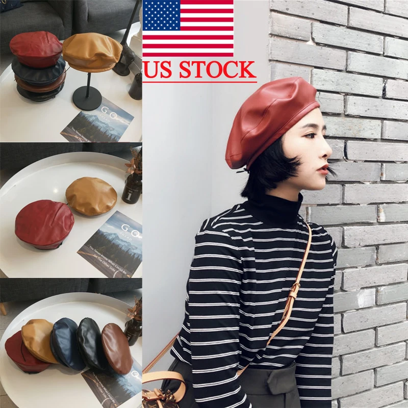 Women Hot Fashion Beret Solid Faux PU Leather Beret French Artist Warm Beanie Hat