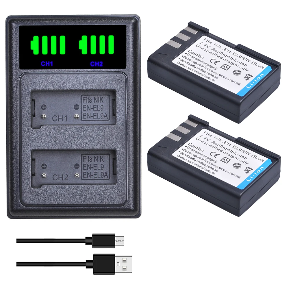 2 pièces EN-EL9 EN-EL9A EN EL9 EL9A ENEL9 Batteries + LED Double Chargeur pour Nikon D40 D40X D60 D3000 D5000 Appareil Photo Numérique