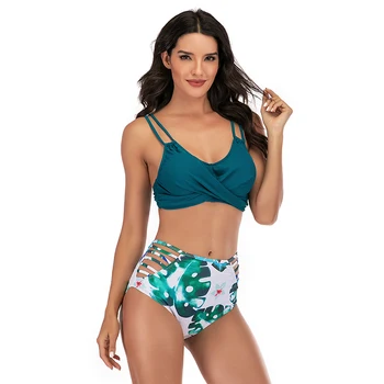 

2020 high waist bikini Women Vintage Swimsuit Two Pieces Retro Halter Ruched Print Bikini Set Polyester Swimwear sumki damskie