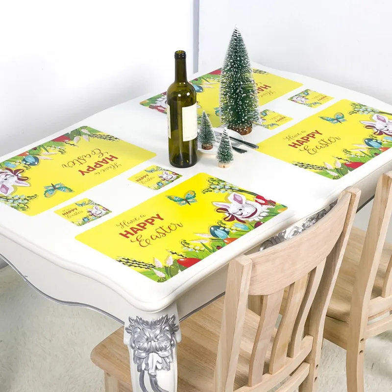 

1-Table Pad Mat Coaster Set Easter Eggs Rabbit Printed Placemat Kitchen Restaurant Dining Tables Decoration Accessories,