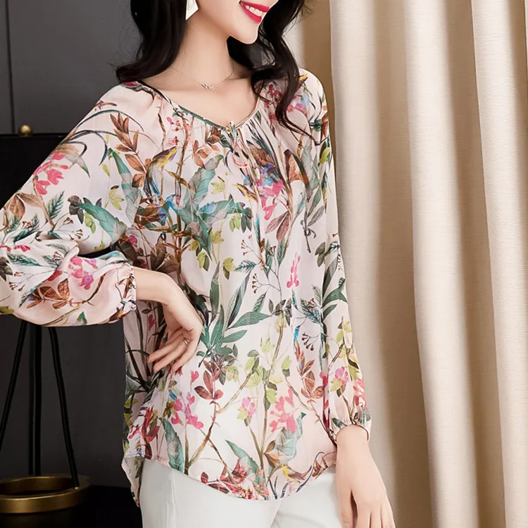 

2020 Spring Women Prairie Chic Style O-neck Printing 100% Real Silk Shirts Lantern Sleeved Luxury Female Tops and Blouses