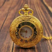Luxury Gold Roman Numerals Quartz Pocket Watch Chain Men Women Hollow Case Vintage Pendant Necklace Best Gifts for Men Women