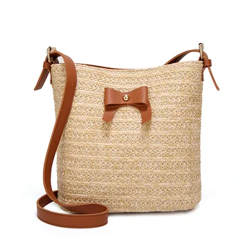 

Summer Straw Basket Bucket Bag Behomian Bow Decor Crossbody Bag for Women Shoulder Bags
