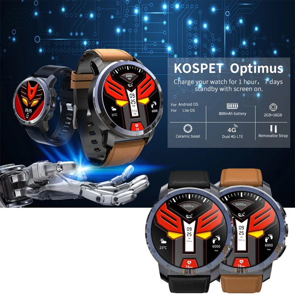KOSPET Optimus Pro двойная система AMOLED 4G Smartwatch Android 7,1 Спортивная камера 8.0MP 2+ 16 Гб мужские Смарт-часы 800 мАч WiFi gps
