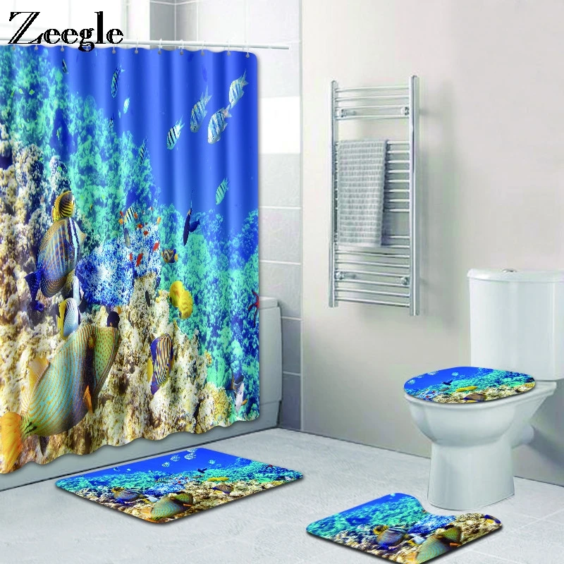 Zeegle Sea World Mat for Bathroom Non Slip Toilet Pedestal Rug Foot Mat Waterproof Curtain Absorbent Foot Mat 3pcs Bath Mat Set