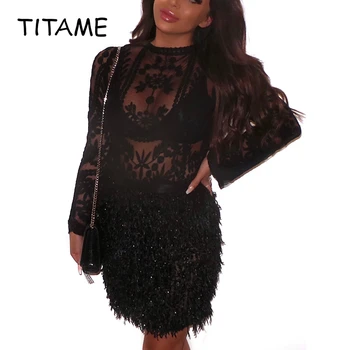 

TITAME See Through Lace Top Faux Fur Embroidery Skirt Ser Women Balck Mesh Long Sleeve Tops Elegant Party Dress Set CLub Outfits