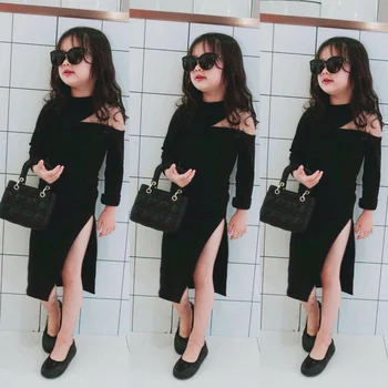 

Mihkalev 2020 Kids European And American Dress Black Color Baby Girls high split dress Long Sleeve Children Evening Party Dress