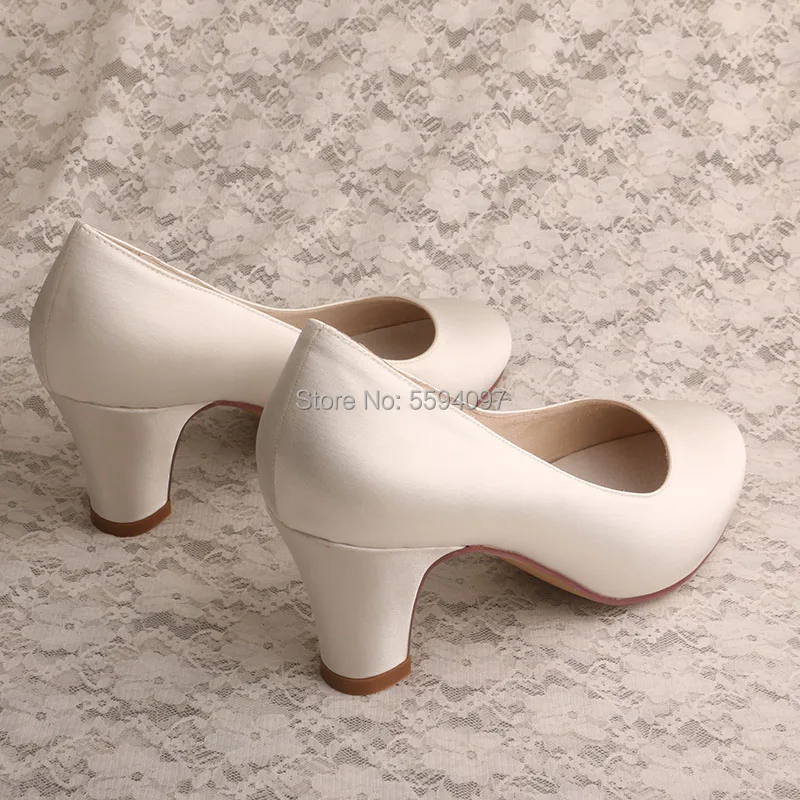 Customized 23 Colors Round heel White Color Satin Womens heels for weddings Block Heel