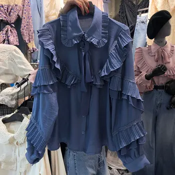 

Spring Long Sleeve Blouse Woman 2020 New Ruffle Sleeve Shirt Women's Loose-Fit Lace-up Bow Shirt Blusa Feminina Student Tops