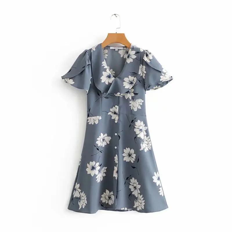 

Europe And America Early Spring New Style Slim Fit Slimming Versatile Printed Flounced Front Buckle Holiday Dress Short Skirt Wo