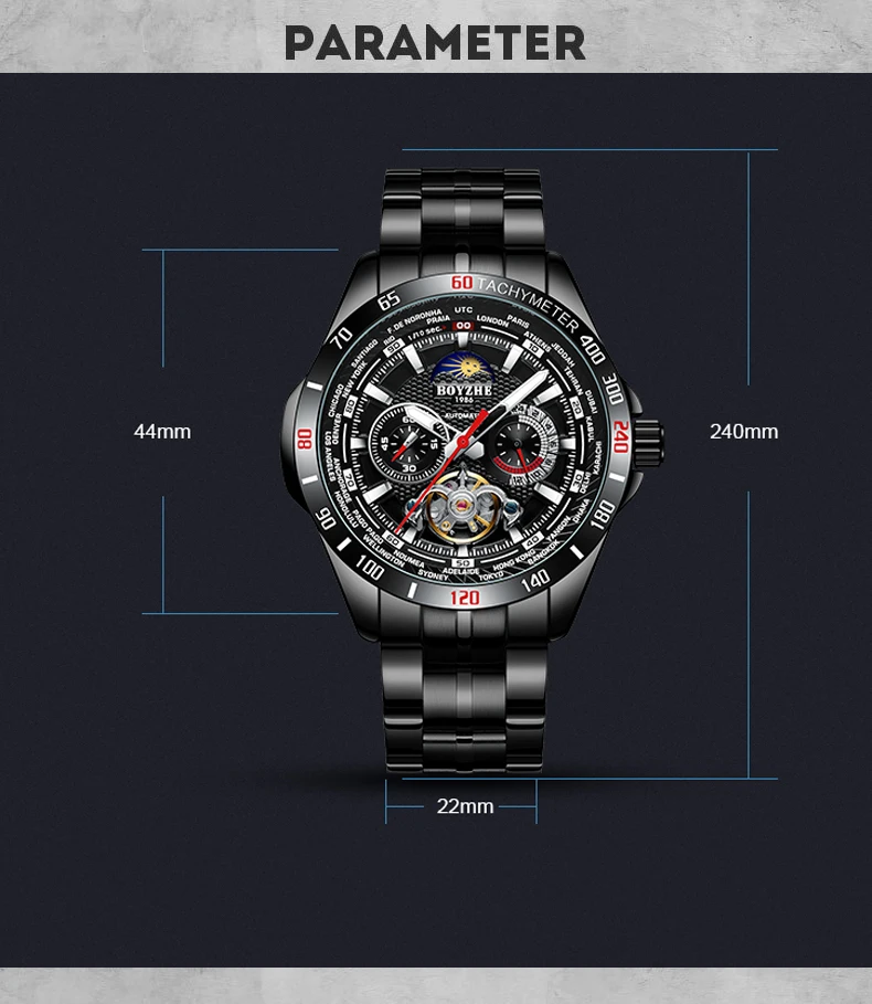 BOYZHE Mechanical Watch Men Stainless steel Waterproof Complete Calendar Military Automatic Tourbillon Watches Montre Relogio
