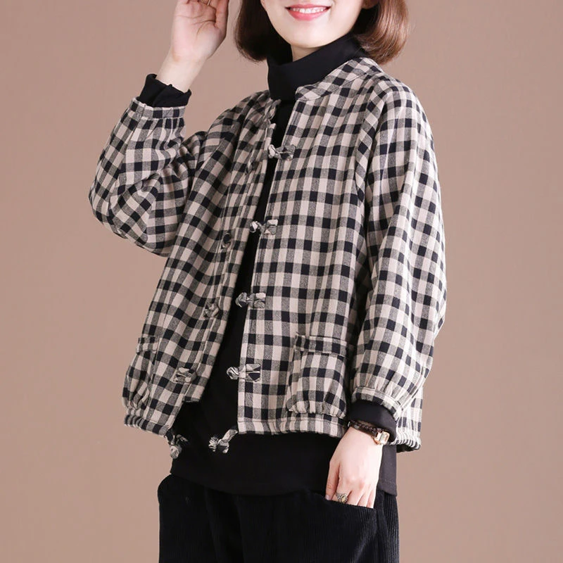 Autumn Winter New Arts Style Women Long Sleeve Loose Short Coat Thicken Warm Cotton Linen Vintage Plaid Jackets Top Quality S406 | Женская