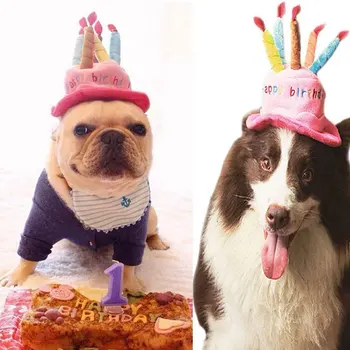 

Cute Dog Cat Birthday Cake Hat Pet Cap Pet Hat with 5 Color Candles Design Party Accessory HYD88