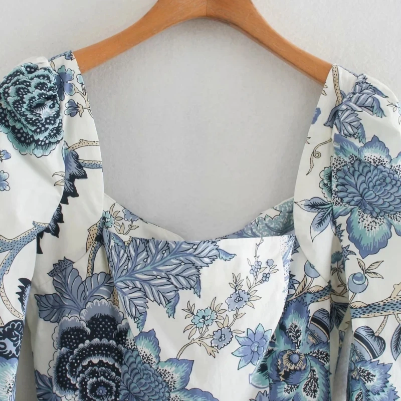Women Flower printing Three Quarter sleeve dress Casual Femme Square Collar Dresses Lady Loose Clothes Vestido D6380