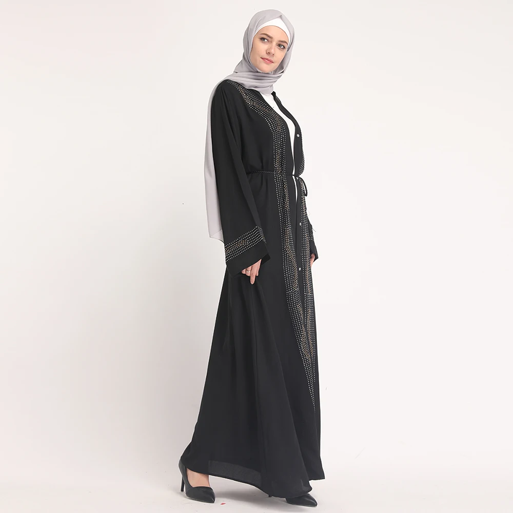 Muslim Adult single breasted Robe Musulmane Turkish Dubai Fashion Muslim diamond beadig Abaya Dress Worship Service abaya Wq878