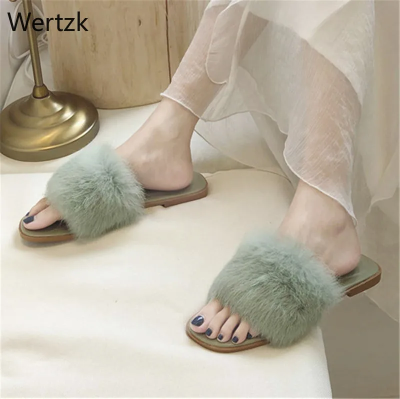 

Women Flat Non-slip Fox Fur Slides Women Furry Slippers Lady's Plush Fur Slippers Drop Shipping Fur Shoes Women Shoes Hot A457