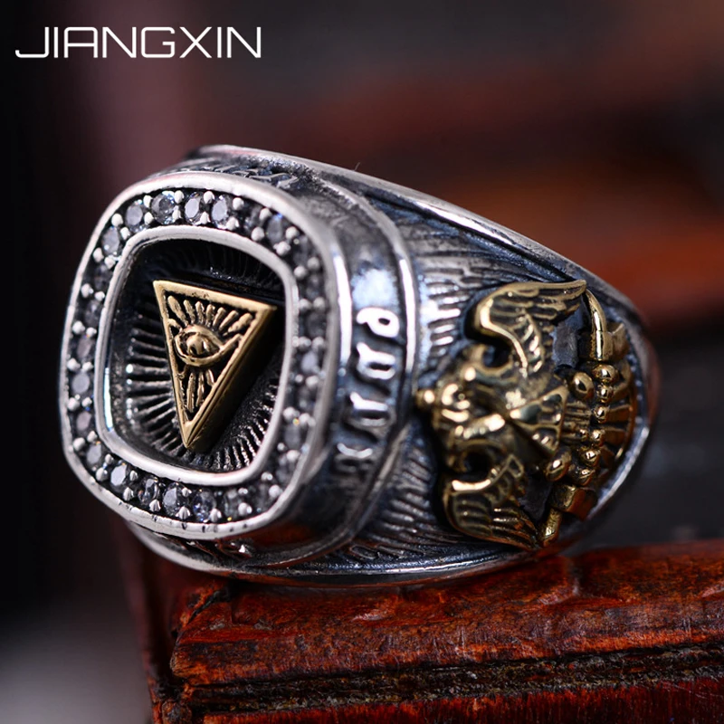 

925 Sterling Silver Eye of Providence Egyptian Pyramids Adjustable Ring Jewelry for Men God All-seeing Eye US Size 7.5~10.5