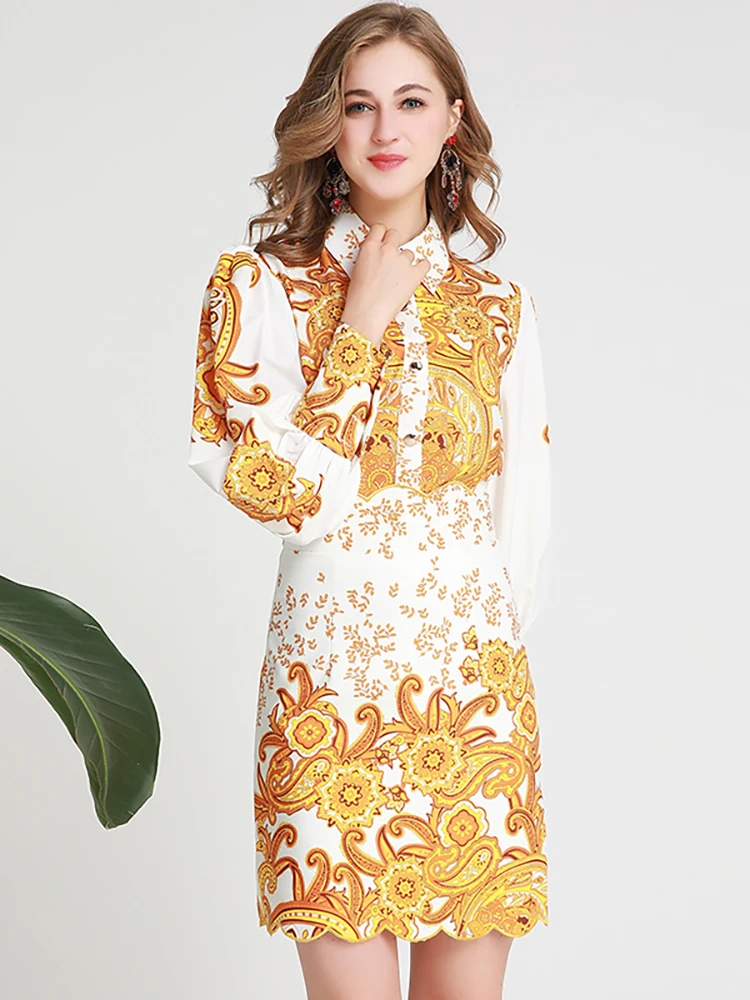 MoaaYina Fashion Designer Suit Spring Summer Women lantern Sleeve Floral-Print Shirt Tops+High waist Short skirt Two-piece set