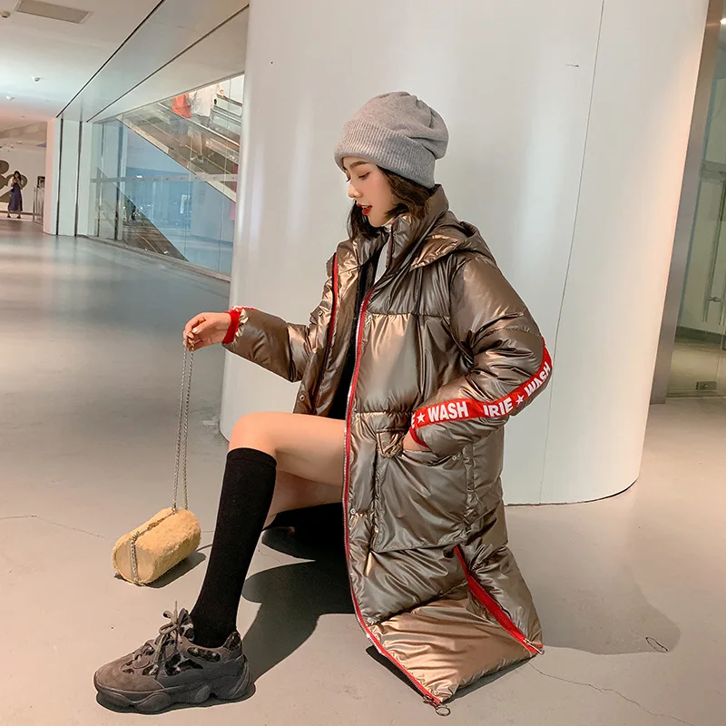 

2019 down Jacket Women's Winter Korean-style Bright Surface Joint Mid-length Cotton Coat Students Cotton Overcoat Women's