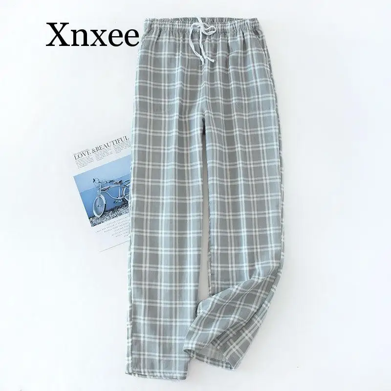 Men's Cotton Gauze Trousers Plaid Knitted Sleep Pants Mens Pajamas Pants Bottoms Sleepwear Pajama Short for Men Pijama Hombre