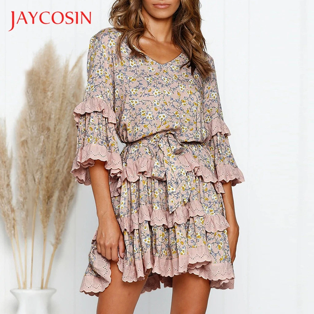 JAYCOSIN boho Платье женское повседневное с цветочным принтом с v-образным вырезом и длинными рукавами мини летнее платье женское платье оптом 725