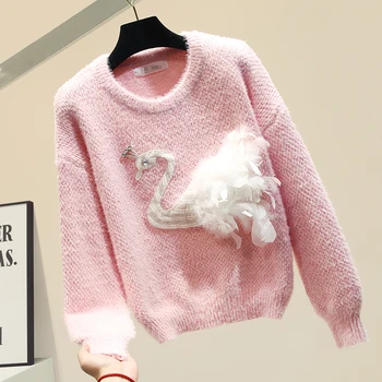 

Swan Sweater Women's Wool Sweaters Autumn Winter Girls Students Pink Sweater Loose Knit Jacket Ins Jumper Femme Nancylim