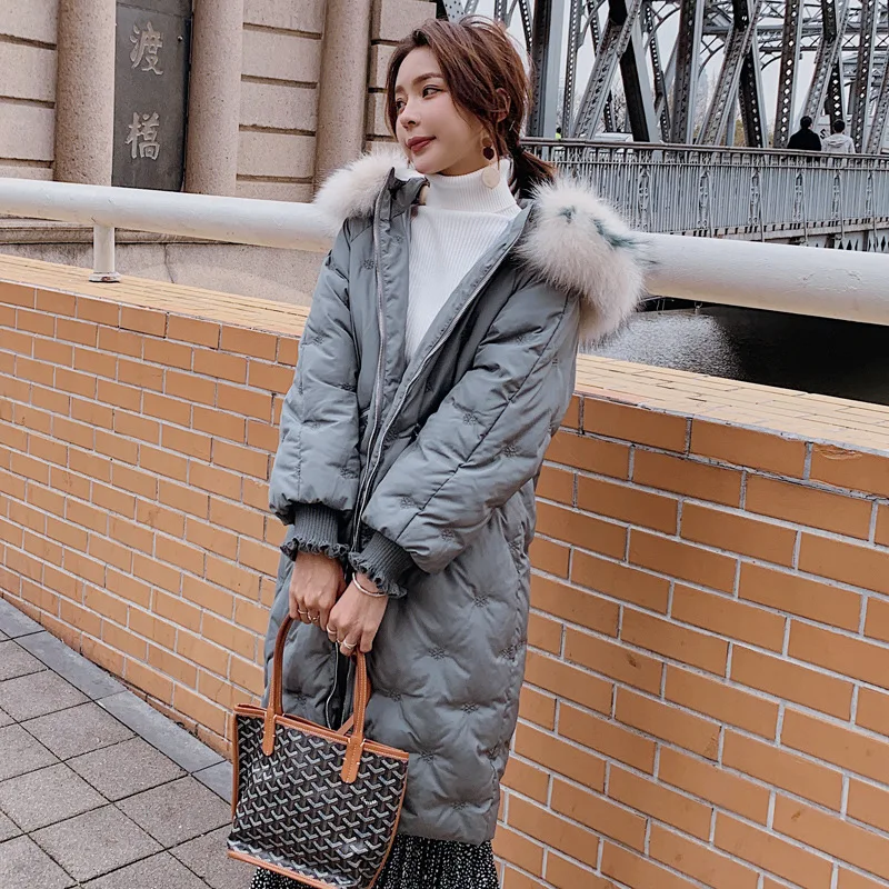 

Off Season 2019 New Style WOMEN'S Dress Korean-style Snowflake Embroidered Mid-length Cotton-padded Jacket Large Fur Collar down