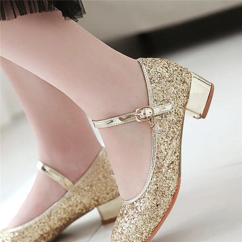 New Womens Chunky Low Heel Comfort Buckle Ankle Strap Glitter Mary Jane Shoes Round Toe Vintage Shiny Bling Dress Pumps A849