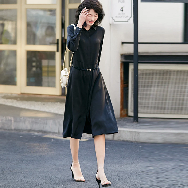 社長辞任騒動 女性のためのエレガントなシルクドレス シンプルなデザインベルト 長袖 カバーボタン 無地 生地 新しいファッション93 公式オンラインストア通販 Signature Johaness Com