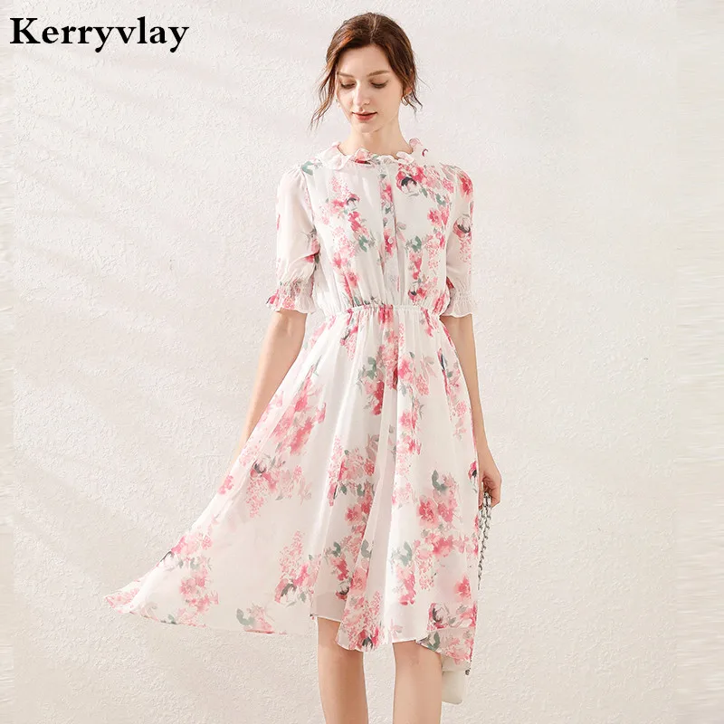 

Summer Floral Printed Chiffon Dress Vestidos Verano 2020 Mujer Ruffled Elastic Waist Irregular Korean Dress Sukienki K6347