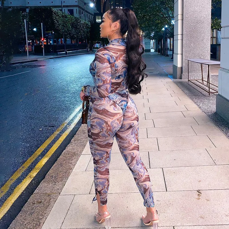 Jumpsuit Bodycon Rompers Women Print Transparent Long Sleeve Cropped Trousers Split Breathable Sexy Suit Sportswear 2021 New