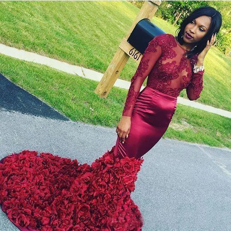 

Sexy Burgundy Long Mermaid Prom Dresses 2020 New Long Sleeve Applique Flowers Sweep Strain Formal Evening Dress Party Gowns