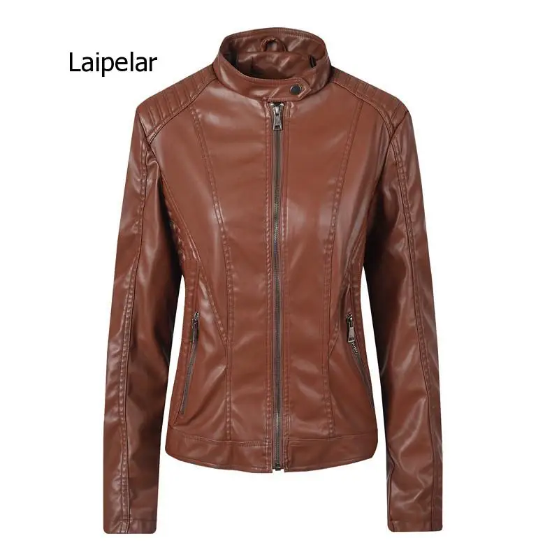 New Fashion Women Leather Jacket Vintage Women's Pu Leather Jacket Mandarin Collar Slim Female Black Faux Leather Outwear