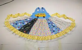 

Summer Girl Oversized Skirt Blue Bus Back to School Style Design White Lace Trim Child Boutique Dress Sleeveless Hot Dress