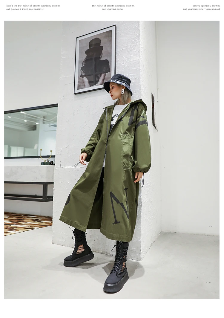 Oversize women's loose hooded trench coat fashion letter print batwing sleeve army green windbreaker for Muslim ladies