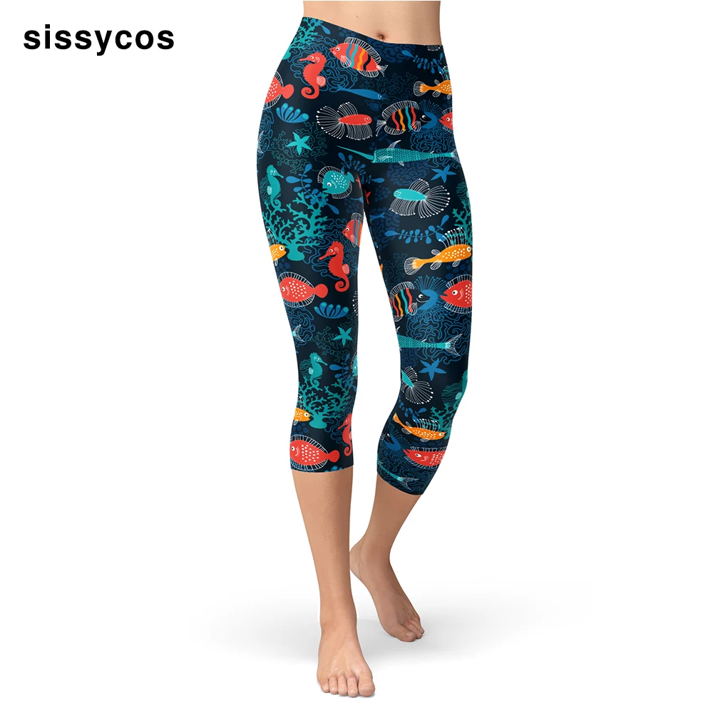 Marine Life Sea Fish Printing Capri Leggings Women Summer Wave Pattern