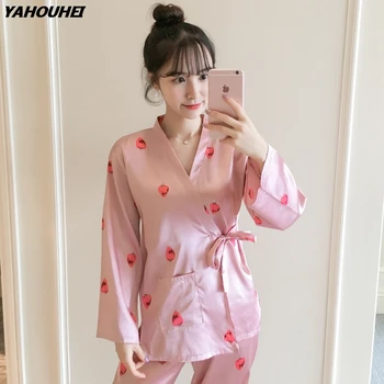 

2019 Autumn Silk Pajamas Sets For Women Long Sleeve Pyjamas Print Pijamas Feminino Japanese Kimono Lounge Homewear Home Clothing