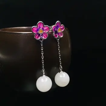 

Wholesale New Xinjiang Hetian Jade S925 Silver Inlaid Round Bead Earrings 10mm Round Bead Plum Blossom Earrings Women Fashion Ea