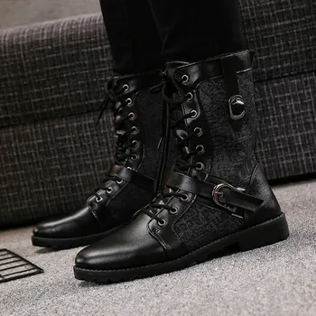 

Fashion Winter Boots Men High Top All Black Plush Lined Boots Metal Decoration Leather Shoes Botas Impermeables Hombre Buckle