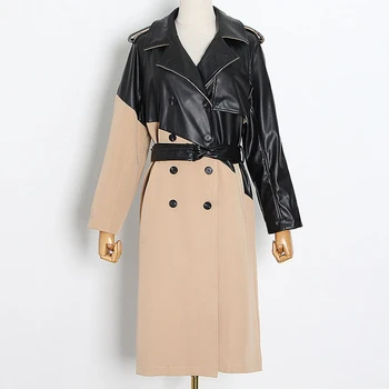 

SeeBeautiful Large Size Windbreaker Coat Long Sleeve Double Breasted Belt PU Stithing New Fashion 2020 Autumn Winter Women T891