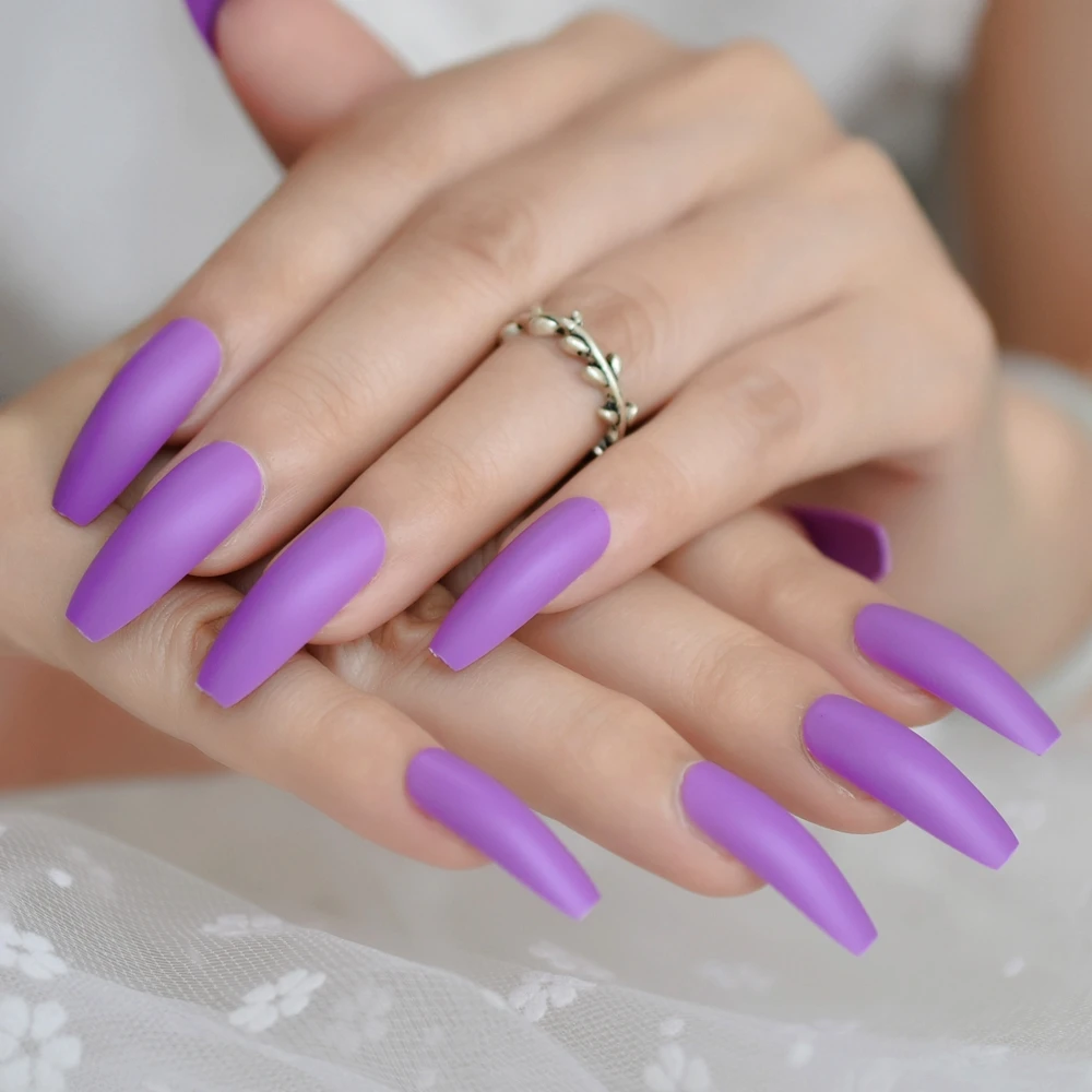 

Grape Purple Long Adult Fake Nail Full Cover Coffin Matte Salon Press On Nails DIY Soild Color Daily Finger Nail Tips