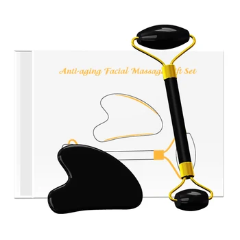 

Drop shipping Obsidian Massage Roller Gouache Scraper Set 100% Natural Real Stone Facial Massager Guasha Massage Roller