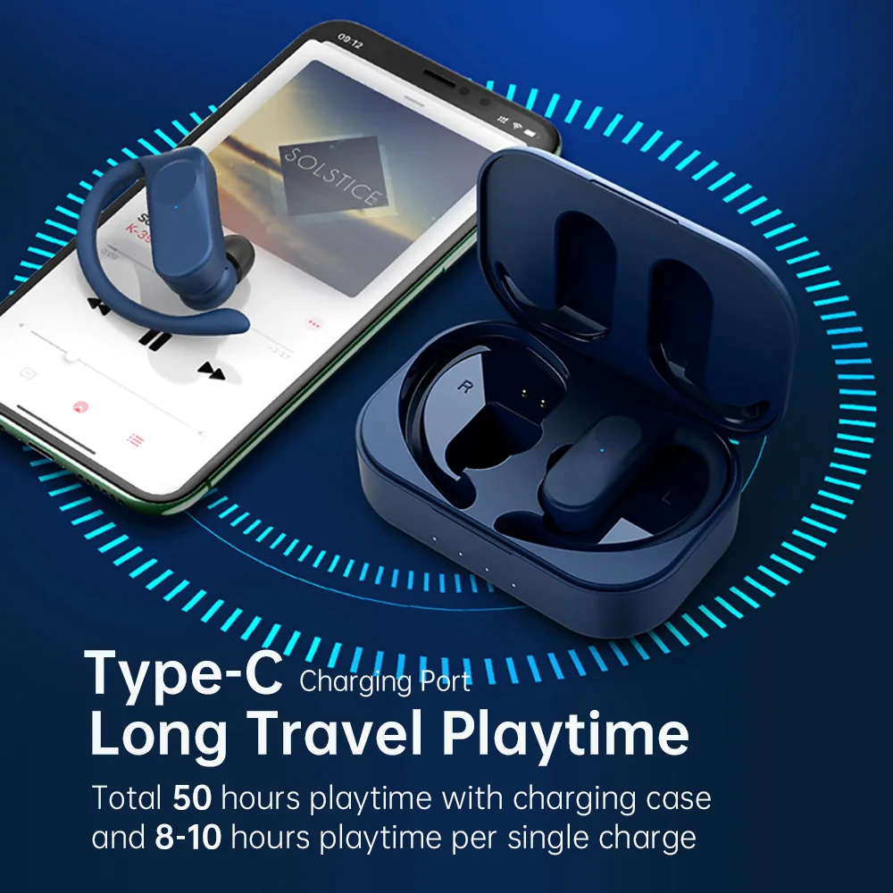 Arikasen True Wireless Earbuds TWS Over-Ear Hooks Bluetooth Stereo Wireless Earphones Super Bass Touch Control IPX7 Waterproof