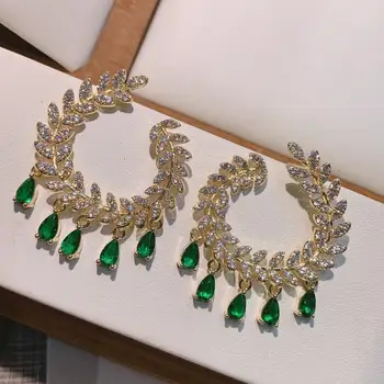 

HIBRIDE Trendy Luxury Flower Wreath Leaf Stud Earrings For Women Wedding Cubic Zircon Crystal African Dubai Bridal Earring E-687