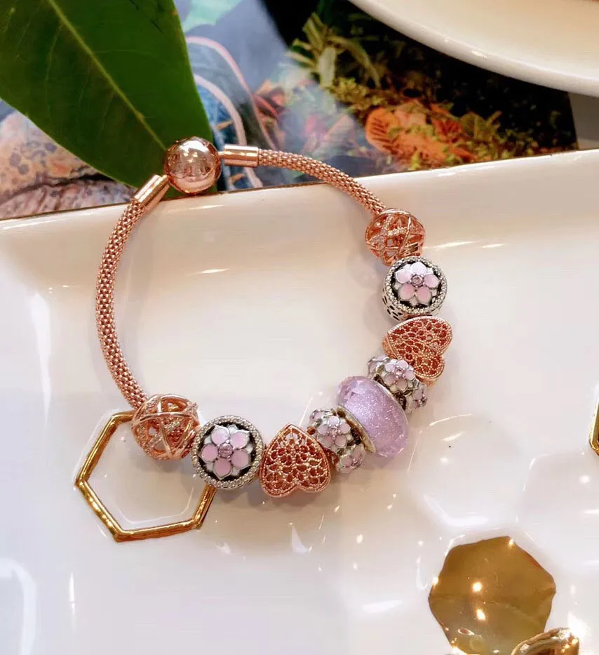 

Kaliyah Shop High Quality 1:1 100% 925 Pure Silver Rose Gold Pink Colored Glaze Beads With A Hundred Flowers Bracelet First Choi