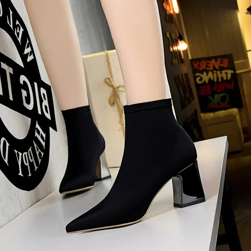 

Fashion Ankle Boots Women High Heels Platform Sock Boots Metal Thick Heel Suede Slip on Soft Ladies Shoes Botas Mujer AEZLZ510