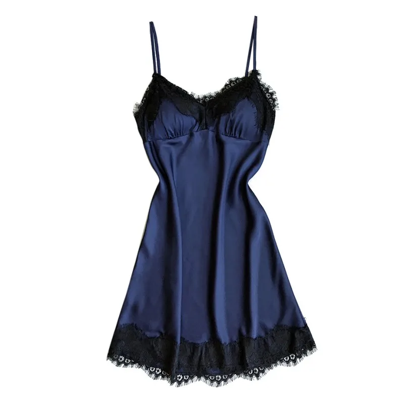 Сексуальное женское белье шелковая ночная рубашка летние платья кружевное Ночное Платье ночная рубашка атласная Домашняя одежда нагрудная подкладка ночное белье - Цвет: Синий