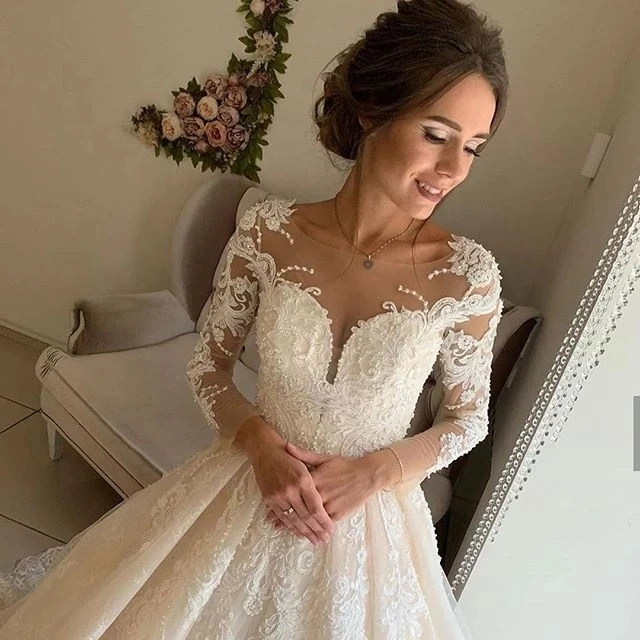 Винтажное кружевное свадебное платье с длинными рукавами, прозрачное глубокое декольте, со шлейфом, арабское женское платье невесты, Vestido de noiva