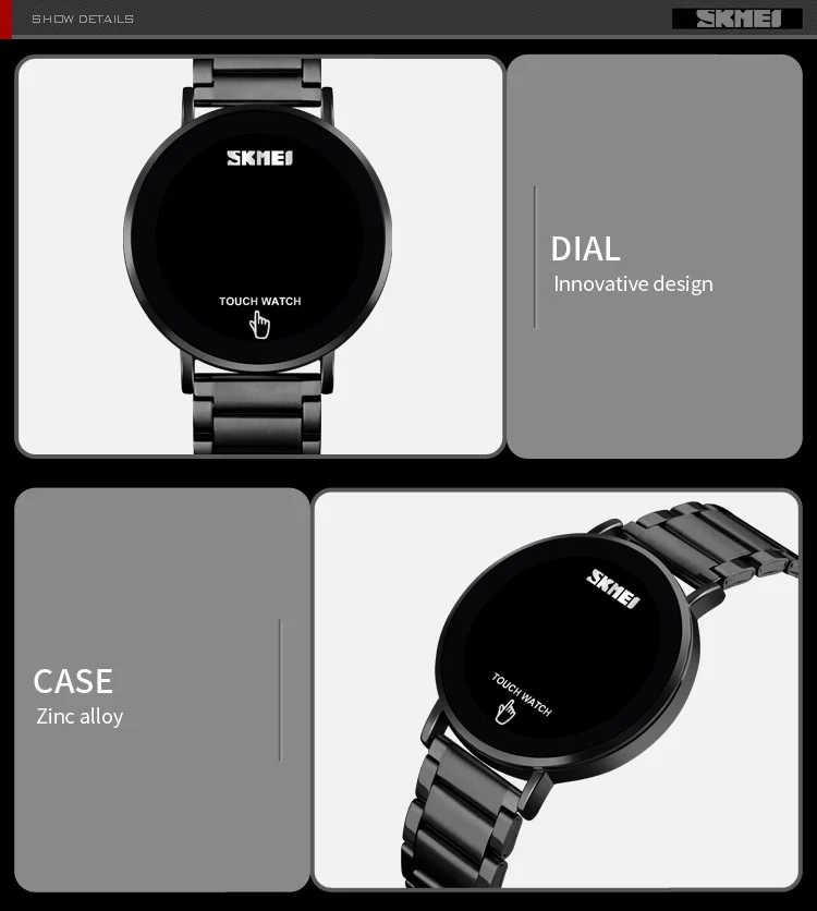 SKMEI Men Quartz Watch Touch Screen LED Light Display Fashion Digital Watch 3bar Waterproof Stainless Steel Strap Montre Homme